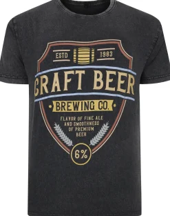 Bigdude Acid Wash Craft Beer Print T-Shirt Washed Black