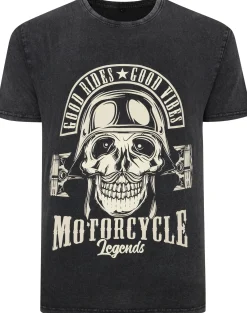 Bigdude Acid Wash Skull Print T-Shirt Washed Black Tall