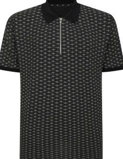 Bigdude AOP Geometric Zipped Polo Charcoal