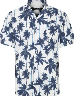 Bigdude Blue Palms Viscose Relaxed Collar Shirt White Tall