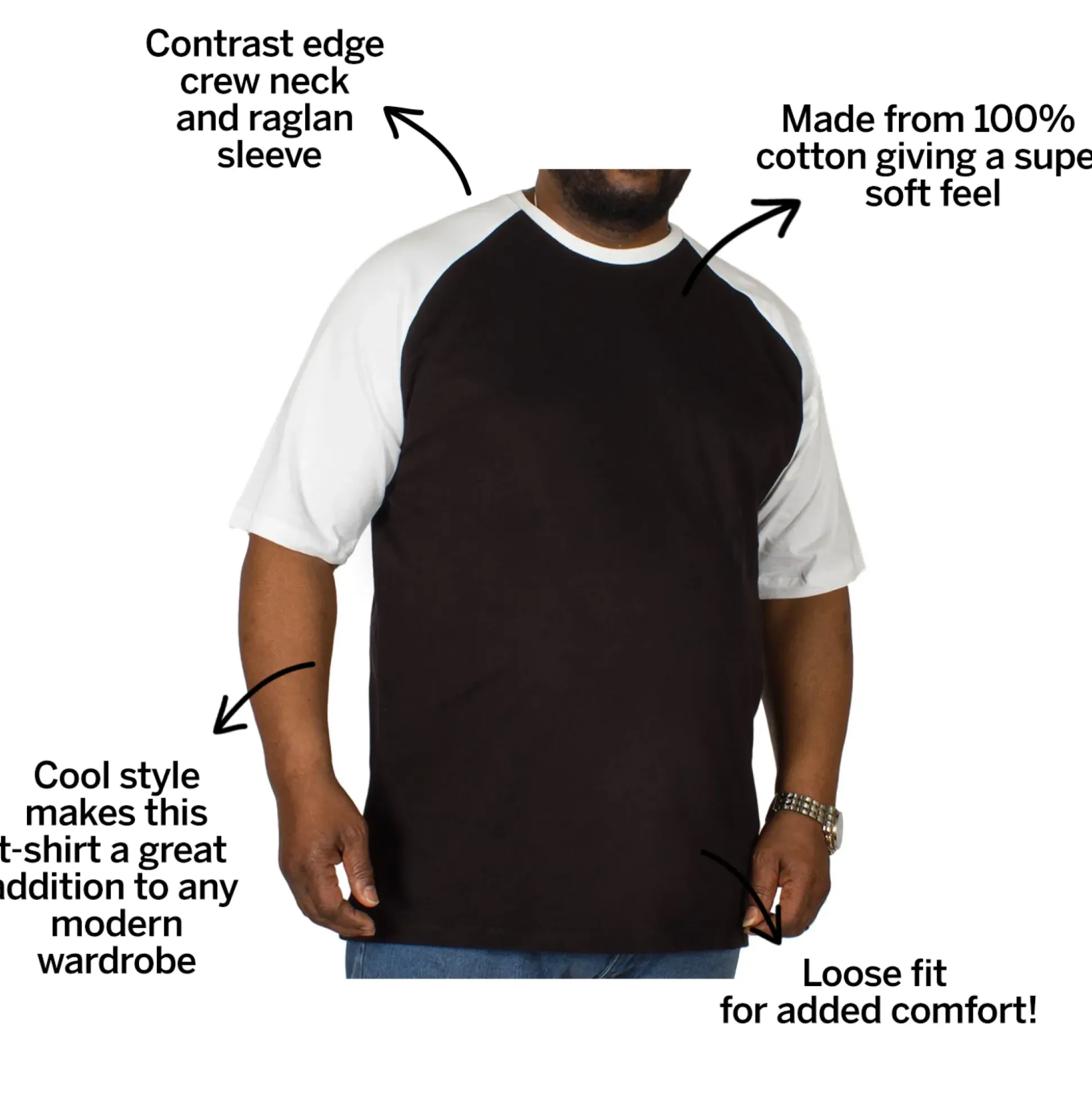 Bigdude Contrast Raglan Sleeve T-Shirt Black/White Tall