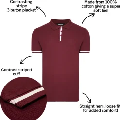 Bigdude Contrast Stripe Placket With Tipped Cuff Polo Shirt Burgundy