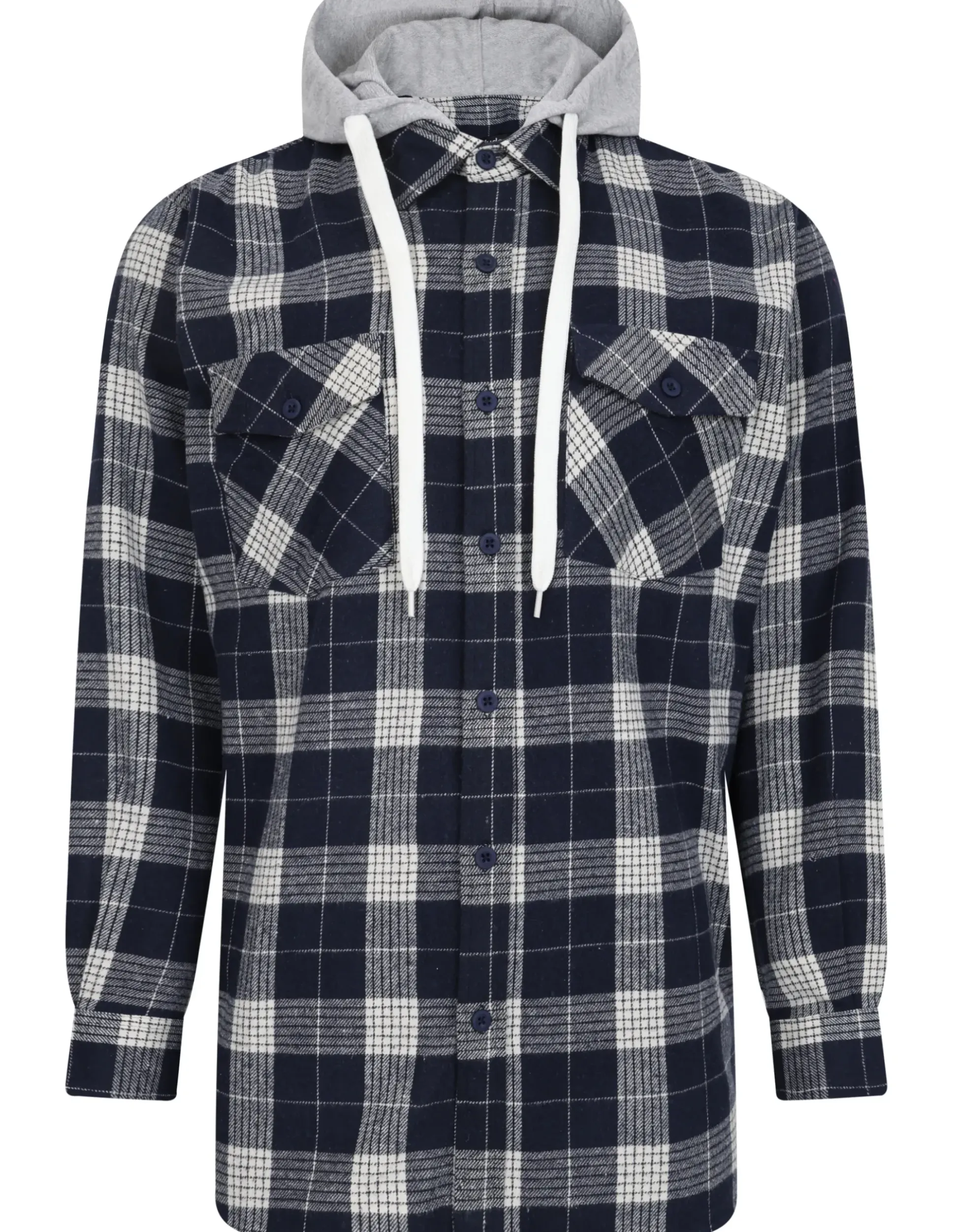 Bigdude Hooded Flannel Checked Shirt Navy/White