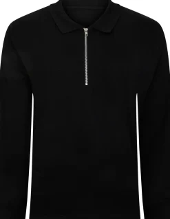 Bigdude Smart Single Jersey Long Sleeve Polo With Zip Black