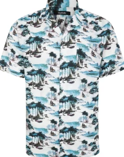 Bigdude Tropical Island Viscose Relaxed Collar Shirt White Tall